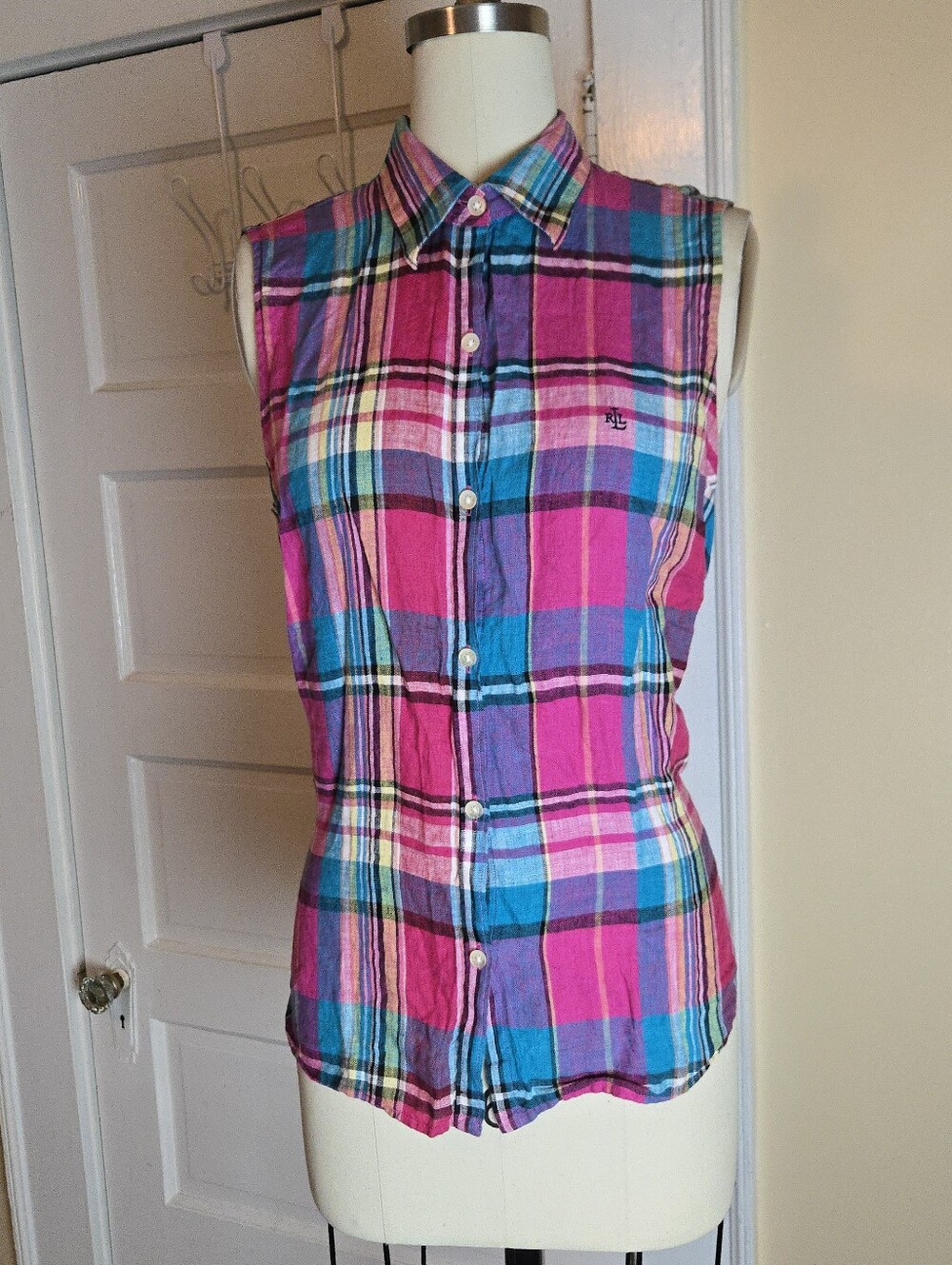 Lauren Ralph Lauren plaid linen sleeveless shirt in pink and blue